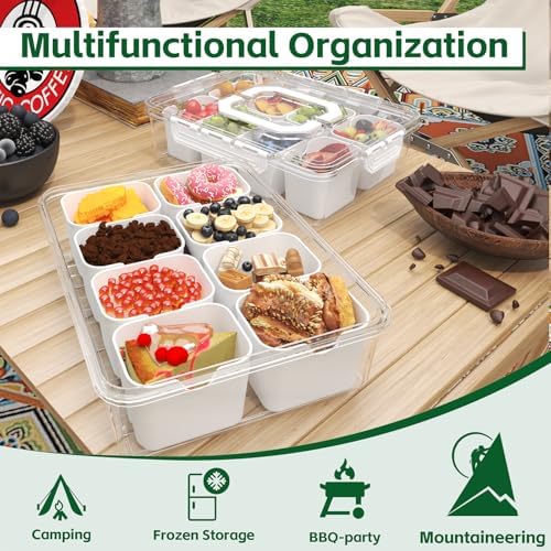 REBECAT Divided Serving Tray with Lid and Handles 8 Compartments Snack Box Container Charcuterie Organizer Snackle Box Container for Candy,Nuts，Fruits,Snacks,2 Pack,White