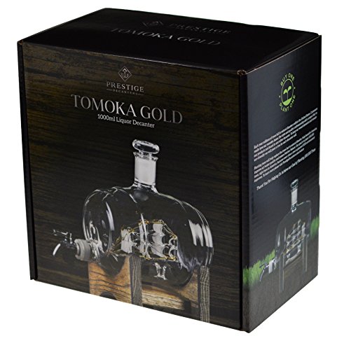 Bourbon Barrel Whiskey Decanter With Ship - 1000ml Liquor Dispenser - Sailing/Boating Gifts for Men and Women, Nautical Decor Retirement Gift (Tomoka Gold)