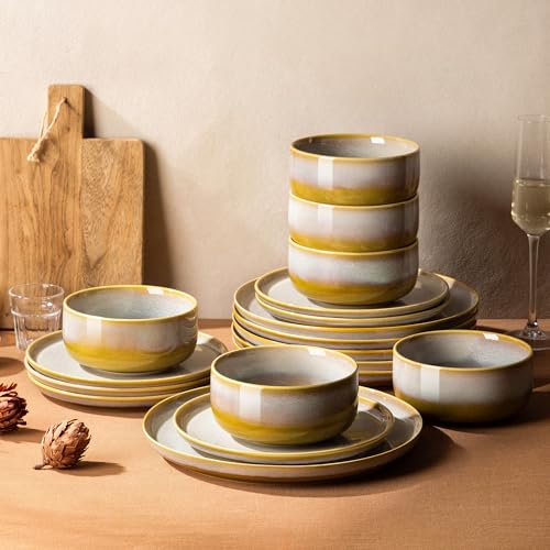Image of TheTerra Ceramic Dinnerware Sets for 6, 18 Pieces Handmade Reactive Glaze Plates and Bowls Set, Scratch Resistant Dish Set, Oven & Microwave & Dishwasher Safe, Autumn Haze