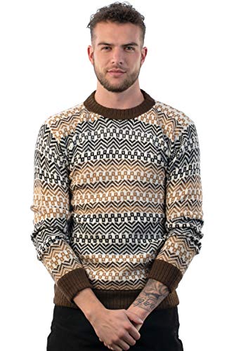Men's Crewneck Fair Isle Alpaca Sweater in Beige Tones Lavaredo