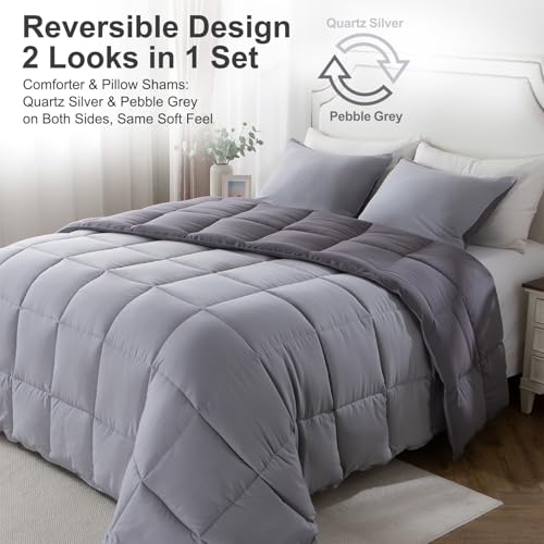 Image of KASENTEX Queen Comforter Set - Reversible Dual Color - Goose Down Alternative - Ultra-Soft, Lightweight, Machine Washable, Maintain Fluffiness, All Season Warmth (Quartz Silver /Pebble Grey) | 250 GSM Fill, Ultra-Soft, Lightweight, Machine Washable, 1 Comforter + 2 Pillow Shams, Quartz Silver /Pebble Grey