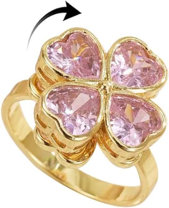 Four Leaf Clover Ring for Women Gold-Tone Plated Rotating Fidget Spinner Anxiety Rings Cubic Zirconia Open Adjustable Eternity Promise Wedding Band Stress Relief St Patricks Day Good Luck Jewelry