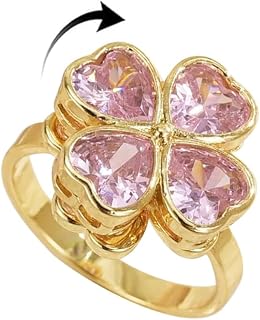 Four Leaf Clover Ring for Women Gold-Tone Plated Rotating Fidget Spinner Anxiety Rings Cubic Zirconia Open Adjustable Eternity Promise Wedding Band Stress Relief St Patricks Day Good Luck Jewelry