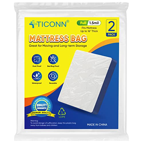 TICONN 2PK Plastic Mattress Bag for Moving Storage, Waterproof Mattress Protector Cover, Heavy-Duty Mattress Moving Supplies (1.5 mil, Full) Full Econ