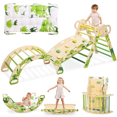 wingyz 8-in-1 Pikler Triangle Set with Cushion-Foldable Baby Climbing Toys with Arch, Ramp & Ladder | Montessori Toddler Climber Indoor Jungle Gym for 1-3 Year Olds (Green)