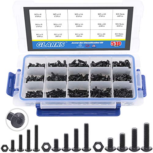 Glarks 510Pcs M3 M4 M5 Alloy Steel Button Head Socket Cap Bolts Screws with Nuts Assortment Kit, Black Oxide Finish(Button Head)