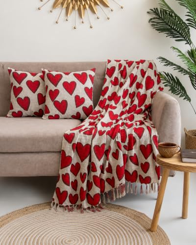 Image of Heart Printed Cotton Sofa Throw 50x70 Inches with 2 pcs Cushion Covers 16x16 inches, Pack of 3
