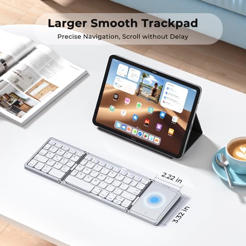 Image of MEETION Foldable Keyboard with Touchpad, Bluetooth Wireless Portable Keyboard, Rechargeable Ultra Slim Pocket Folding Keyboards, Full Size Keys, Travel for iOS Android Windows Laptop PC Tablet White