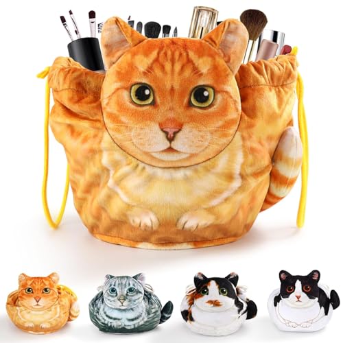 Cat Drawstring Makeup Bag,Flat Lay Make Up Bag,Portable Travel Cosmetic Bag Storage Organiser,Bag for Purse,Cat Gifts for Women/Girls/Cat Lovers