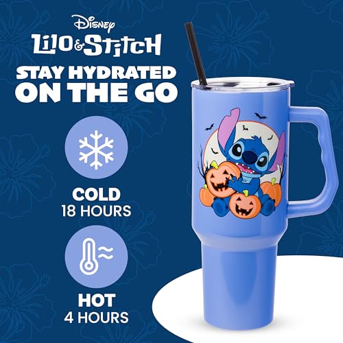 Image of Silver Buffalo Disney Lilo and Stitch Halloween Spooky Pumpkin Jack-O-Lantern Double Walled Stainless Steel Tumbler with Handle and Straw, Fits in Standard Cup Holder, 40 Ounces