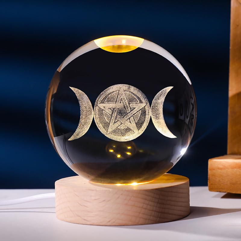 OUZAN 2.4inch Crystal Ball Night Light for Kids with Warm LED Lamps - USB-Powered Crystal Night Light with Wooden Base, Ideal Gift for Birthdays, Christmas, and Home Decoration，Moon