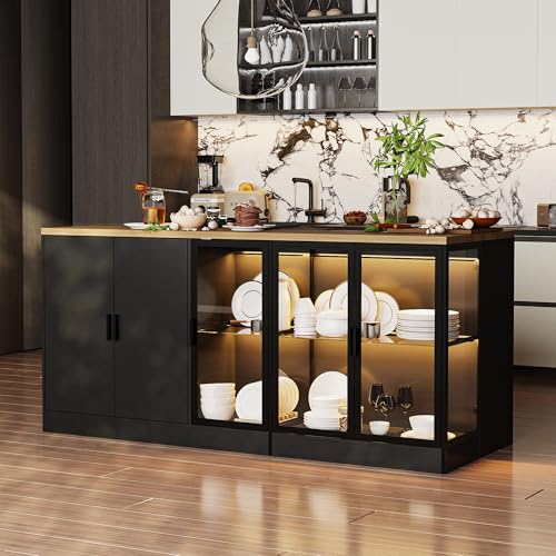 AGOTENI 77.6" W Large Kitchen Island with Storage & 3-Color Light, Island Table with Glass Doors, Adjustable Shelf and Drawers for Kitchen Dining Room, Black & Brown Wood Grain