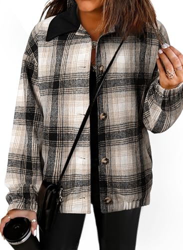 Dokotoo Womens Flannel Plaid Shacket Jackets Corduroy Collar Long Sleeve Button Down Fleece Jackets Warm Coat