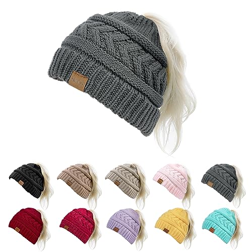 Pukavt 1 Pack Winter Hat Ponytail Beanie Hat for Women, Soft Stretch Cable Knit Messy Bun...