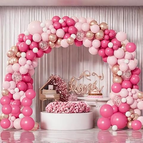 Maznyu 175Pcs Pink Balloon Garland Arch Kit, Hot Pink White Metallic Rose Golden Confetti Balloons For Women Birthday Princess Theme Baby Shower Wedding Mother's Valentine's Day Party Decoration Cover