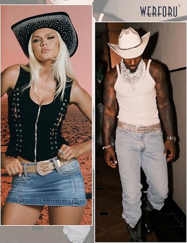 Image of WERFORU Women Men Western Rhinestone Studded Leather Belt Unisex Bling Cowgirl Cowboy Waist Belt for Jeans Pants Dress