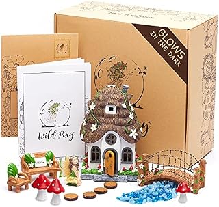 WILD PIXY Fairy Garden Kit - Glow in The Dark Fairy Garden Accessories Set, 7.1" Fairy House with Opening Door and Solar LED Light, Glow Stones, Garden Decorations for Indoor or Outdoor Fairy Gardens