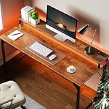 SUPERJARE 55 inch Computer Desk with LED Lights & Power Outlets, Gaming Desk with Monitor Shelf, Small Office Desk for Home & Office, Rustic Brown
