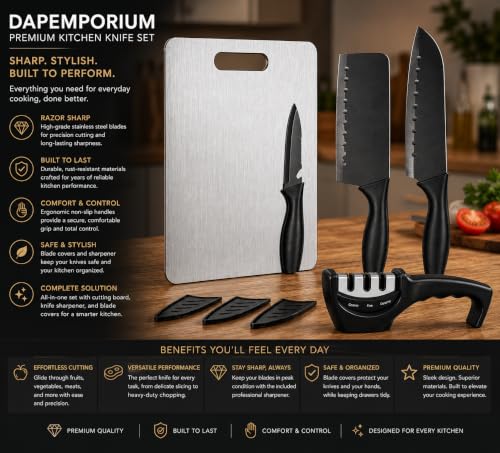 Image of 3 Kitchen Knife Set with Steel Cutting Board & Sharpener | Kitchen Knives Black Coted Stainless Steel Blade With Covers | 3 Slots Knife Sharpener | Food Grade Steel Chopping Board for Meat and Veggis