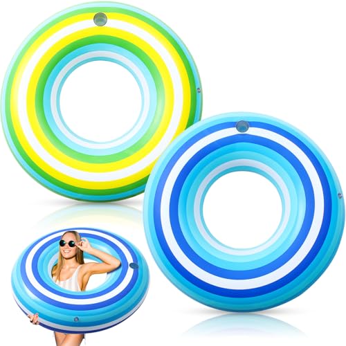 ShinyRelief 2 Pack 50'' Giant Inflatable Tube Pool Float with Cup Holder Vintage Stripe Large Pool...