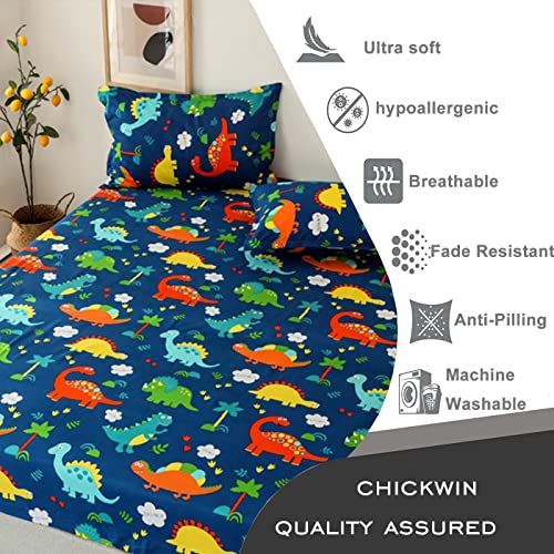 Chickwin Dinosaur Single Bed Fitted Sheet -30cm Deep, Cute Cartoon Animal Fitted Sheets for Kids, Soft Brushed Microfiber Easy Care Fade Resistant Breathable Fitted Sheet (90x200cm)