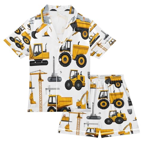 Satin Pajama Sets Short Sleeve Construction Machinery Car Pattern Button Down Silky Nightwear 2 Piece PJS 5-14Y