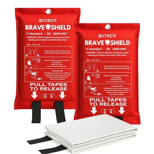 Batzo's BraveShield Emergency Fire Blanket 40"x40" 2-Pack – Premium, Lab-Tested, Fireproof, Heat-Resistant, CE Certified for Home, Kitchen, Car and Outdoor Safety