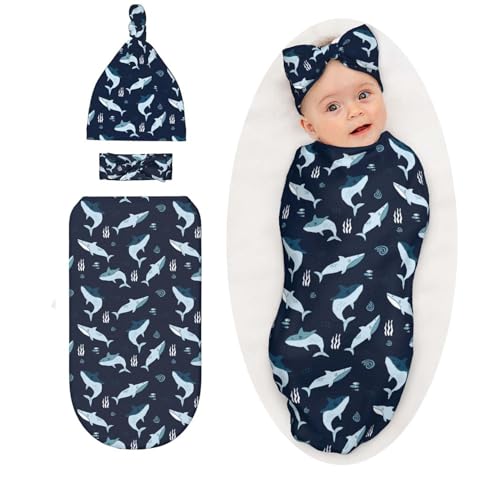 Image of Sharks Ocean Animal Baby Stuff Swaddle Blanket Wrap Baby Newborn Blanket Soft Stretchy with Headband Hat Set Gift for Infant Boy Girl