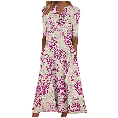 Image of Summer Midi Dresses for Women UK Short Sleeve V Neck Button Vintage Floral Dress Casual Loose Fit Long Dresses with Pockets Comfy Lounge Beach Holiday Dress Plus Size Elegant Sundress