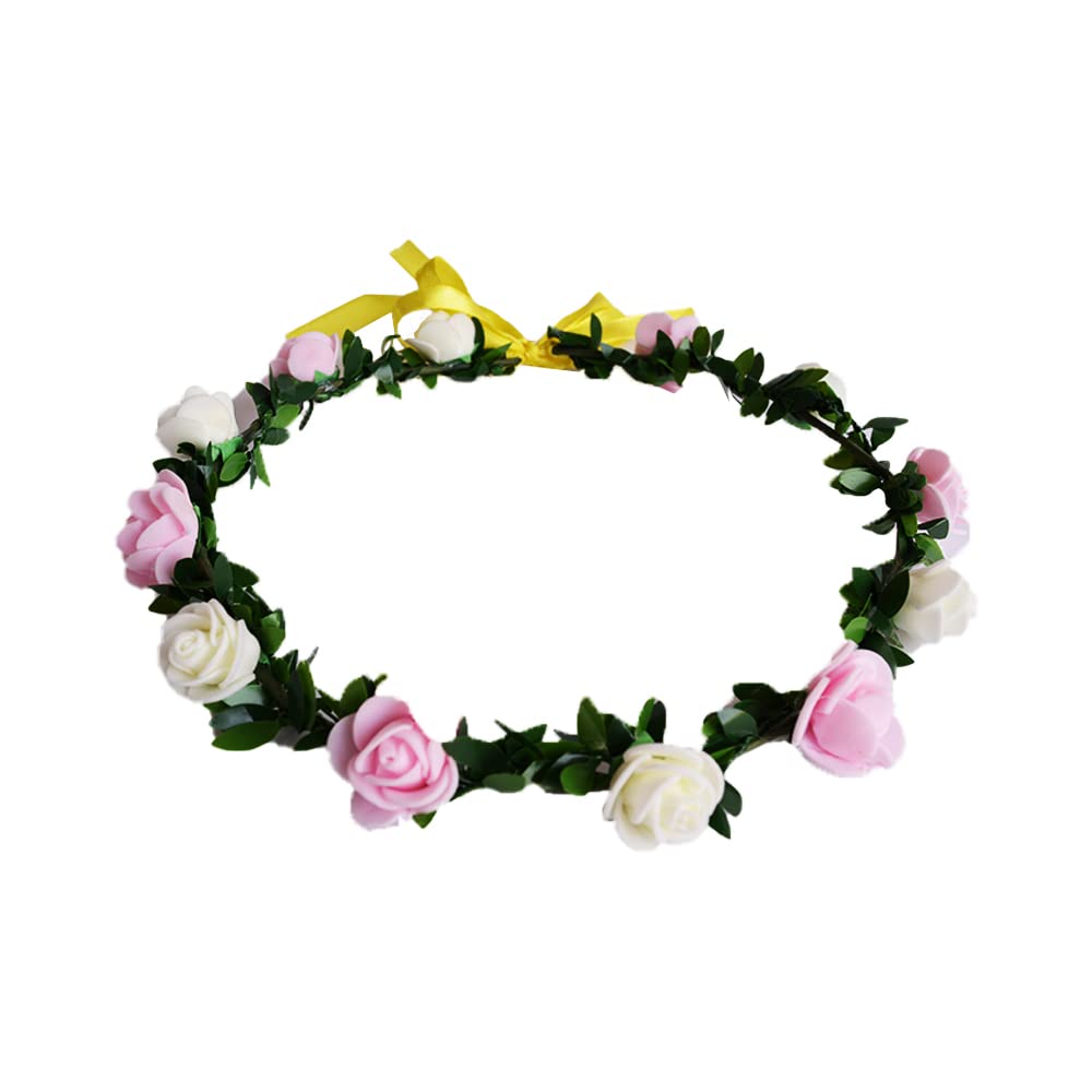 Women Rose Floral Crown Hair Wreath Leave Flower Silk Headband with Adjustable Ribbon-image-22