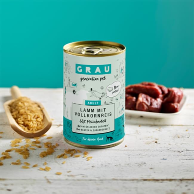 GRAU – das Original – Nassfutter für Hunde - Lamm mit Vollkornreis, 6er Pack (6 x 200 g), Monoprotein, glutenfrei, für Erwachsene Hunde
