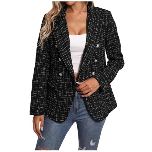 KBOPLEMQ Chaqueta de tweed para mujer, abrigo formal de oficina, blazer de negocios, informal, chaqueta de manga larga, cómoda y suave, cuello vuelto, corte ajustado, color sólido, ropa de trabajo