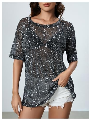 MakeMeChic Women's Summer Short Sleeve Tops Rock Concert Outfits Sequin See Through Mesh Sheer T Shirts Blouse3