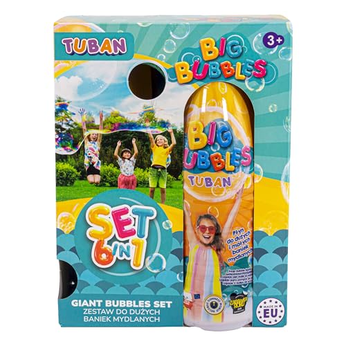 Tuban Big Bubble Box 6 en 1 - Kit de fabrication de bulles géantes pour enfants avec 1 litre de liquide à bulles, 5 accessoires, bol et anneaux à bulles XXL et tunnels