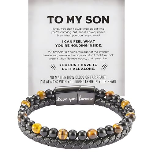 The Guardian - Son's Tiger Eye Protection Bracelet From Mom, Love You Forever Linked Together To My Son Leather Black Beads Engraved Cuff Bangle Birthday Jewelry Gift Card