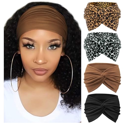 Image of DRESHOW 4 Pack Turban Headbands for Women Wide Vintage Head Wraps Knotted Cute Hair Band Accessories