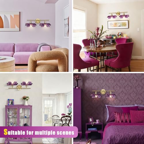 Image of Purple Glass Wall Sconce, 2-Light Gold Bathroom Vanity Lights Over Mirror with Petal Glass Shade, Indoor Art Decor Wall Mount Light for Girl Room Doorway Hallway