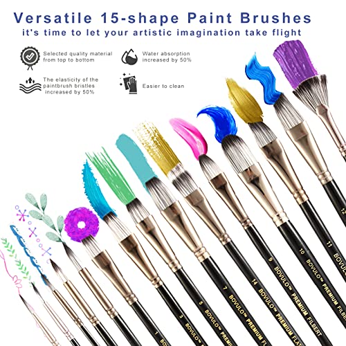 15 Pack Professional Paint Brush Set - Premium Artist Paint Brushes For Acrylic, Watercolor, Oil, Canvas, Hobby Craft, Fabric Painting, Wide And Fine Tip Elegant Paintbrushes Bulk By Bovulo #TOP6