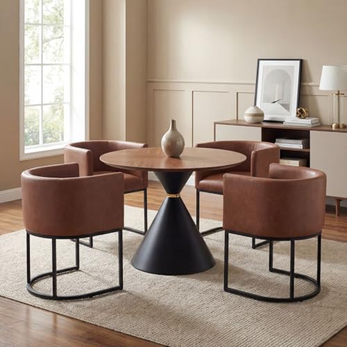 Image of HNY Mid Century Modern Upholstered Barrel Dining Chairs with Arms Set of 4, Leather Kitchen & Dining Room Chairs, 18.5 inch Wide Accent Chairs for Dining Room Living Room with Black Metal Frame, Brown