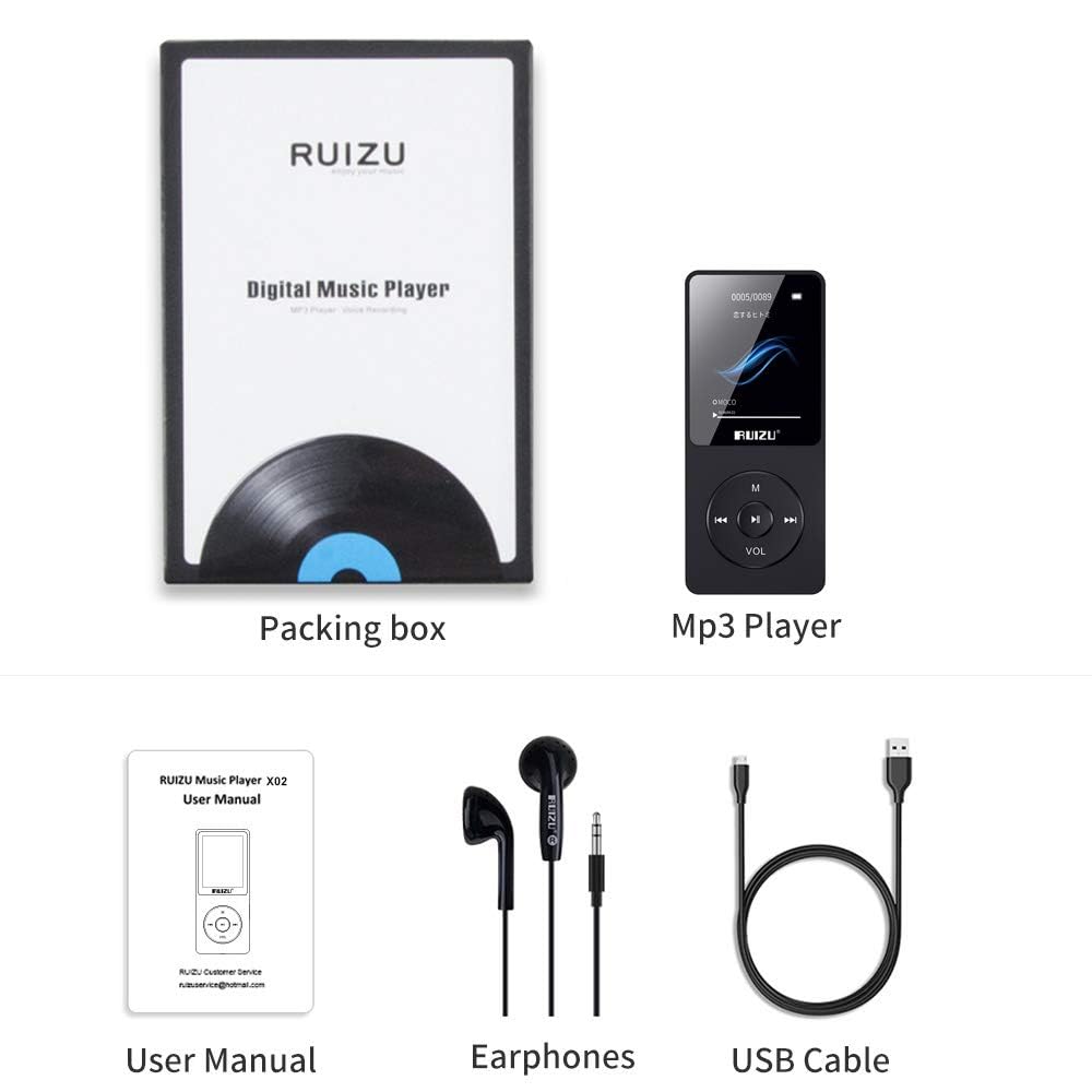 RUIZU X02 MP3 Player package contents including player, manual, earphones, and USB cable