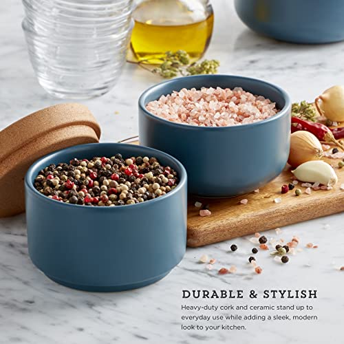 Image of Ceramic and Cork 3 Piece Stackable Salt and Pepper Cellar For Countertop Space Saving, Easy Lift Lid to Retain Freshness, Natural Cork and Teal Ceramic