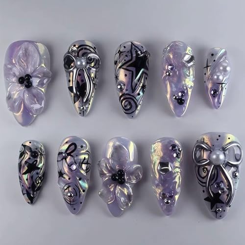 24Pcs Y2k Press on Nails Medium Almond Purple Flower Fake Nails 3D Silver Bow Pearl Gems Design Chrome Full Cover Artificial Glue on Nails Black Star False Nails Cute Stick on Nails for Women Acrylic