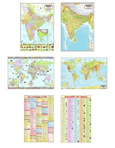 Image of India & World Map ( Both Political & Physical ) with Constitution of India and History of India Chart | LAMINATED SET OF 6 Maps & Charts | Useful for UPSC, SSC, IES and other competitive exams