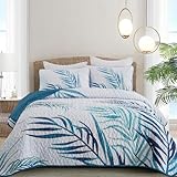 Goodidea Botanical Quilt Set Queen,3 Pieces Teal Blue Palms Tree Bedspread Reversible Lightweight Soft Microfiber Navy Bedding Set with 2 Pillowcases for All Season(Queen,96'x90')