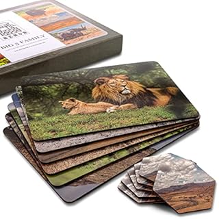 REHOB Place Mats And Coasters A Set Of 6 Featuring, The Big 5 Safari Animals. Large Cork Placemats And Hexagon Cork Coasters To Protect Your Surfaces.