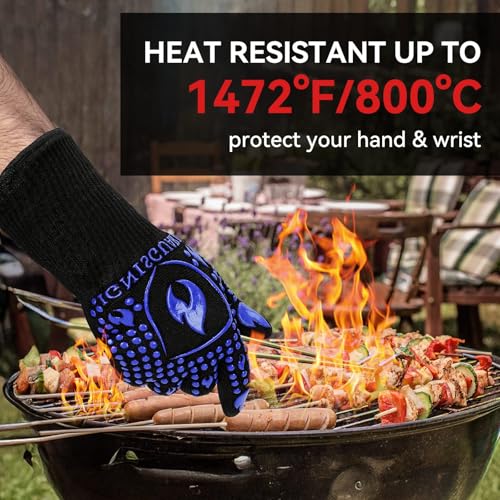 Image of BBQ & Grill Gloves, Oven Gloves, 1472F Silicone Oven Mitts Heat Resistant Grilling Gloves Fireproof Non-Slip for Barbecue Cooking Baking Smoking, 1-Pair (Blue, Medium)