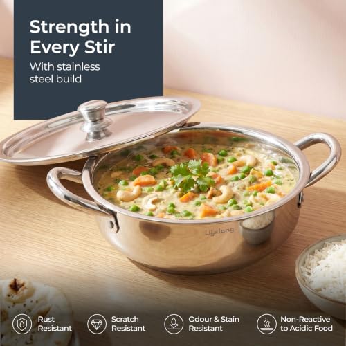 Image of Lifelong Stainless Steel Kadhai with Lid | 22 Cm, 2.2L | Induction Bottom, Riveted Handle, Durable Build, Even Heating, Scratch-Free, Dishwasher Safe | Ideal for Curries, Gravies & Deep Frying