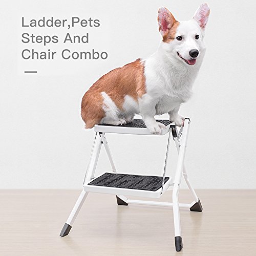 Delxo 2 Step Stool Stepladders Lightweight White Folding Step Ladder with Handgrip Anti-Slip Sturdy and Wide Pedal Steel Ladder Mini-Stool 250lbs 2-Feet