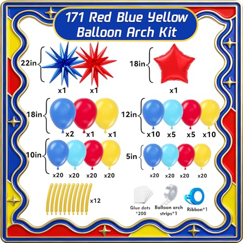 Image of Cartoon Balloon Garland Arch Kit 171pcs with 4D Star Gold Long Balloons, Red Blue Yellow Balloons Arch Kit for Birthday Baby Shower Carnival Circus Hedgehog Super Hero Gamer Theme Party Decor