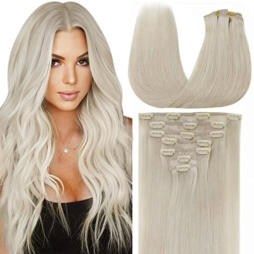 LaaVoo Clip in Hair Extensions Human Hair White Blonde Double Weft Real Hair Extensions Solid Color #60 Blonde Hair Extensions Clip in Human Hair Dyeable 12" 70g/5pcs